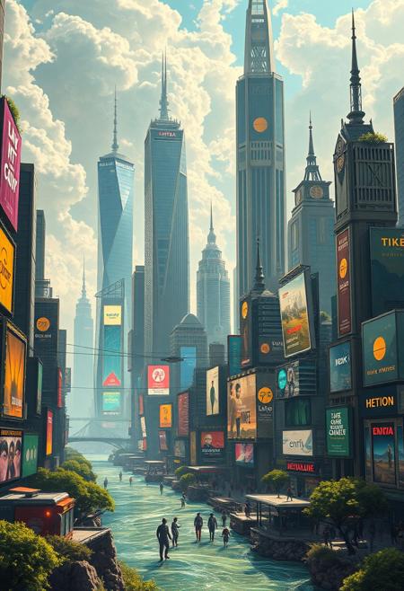 Landscape of a futuristic elvish solarpunk sci-fi city reminiscent of Times Square with tall towers and futuristic skyscrapers, tasteful advertising, surreal colours, detailed sky with greenery and flowing water