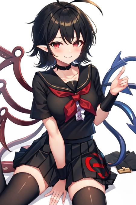 best quality, masterpiece, highres, solo, {houjuu_nue_touhou:1.15}, black_hair, wings, asymmetrical_wings, red_eyes, short_hair, bow, smile, 1girl, alternate_costume, blue_wings, looking_at_viewer, neckerchief, red_wings, sailor_collar, school_uniform, serafuku, shirt, simple_background, skirt, white_background, bangs, black_shirt, pleated_skirt, ahoge, black_serafuku, black_skirt, black_thighhighs, closed_mouth, collarbone, short_sleeves, thighhighs, zettai_ryouiki