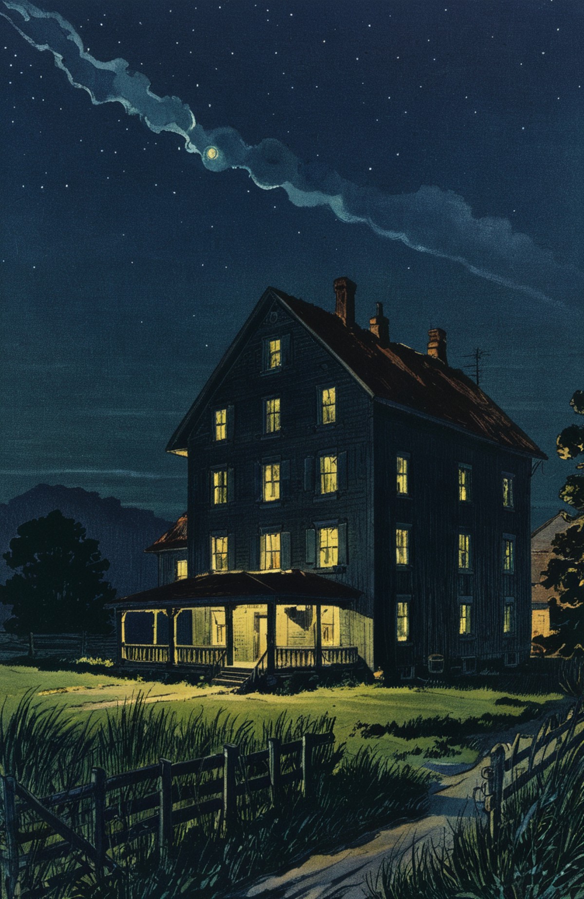 vintage illustration, dark and gritty, a farm house at night, lights shining from the windows, farm land in the background