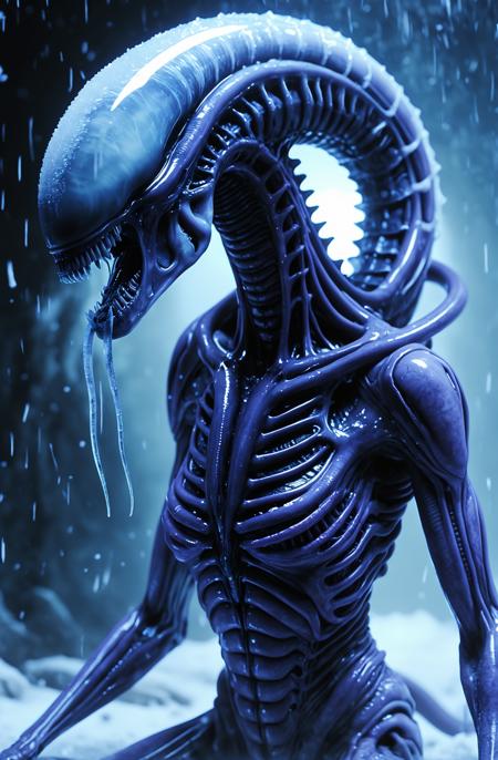 An ultra-detailed cinematic close-up of a terrifying Xenomorph Queen, her sleek, biomechanical exoskeleton encased in jagged, otherworldly ice. Cracks form along the translucent prison, revealing a deadly, pulsing bio-organic glow within. Her elongated skull is partially illuminated by refracted light, casting eerie blue and purple hues through the frozen layers. Tiny metallic filaments snake across her limbs, blending the organic horror with cybernetic enhancement. The scene is bathed in chilling mist, with frost particles catching the glow of distant alien moons. Hyper-realistic, atmospheric horror with sci-fi undertones.