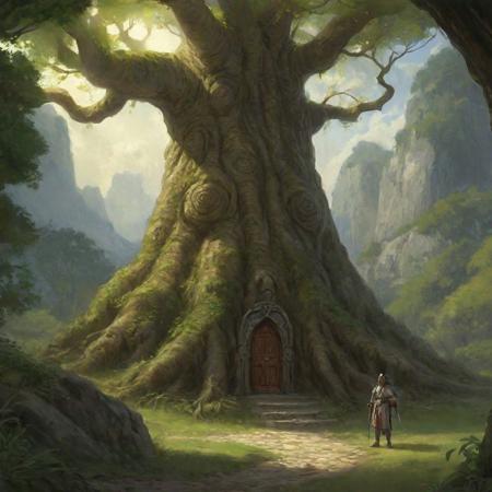 (Illustration by james gurney), Create an illustration representing the concept of an 'Icon' within a tabletop roleplaying game, akin to the detailed and immersive environments seen in classic adventure and fantasy art. The image should depict a majestic, sentient entity that seamlessly integrates with a fantastical landscape, evoking a sense of wonder and exploration. Imagine a grand, ancient tree, its branches and roots intertwined with the landscape of a lush, vibrant forest, symbolizing its unity with the land it governs. The entity's face could be subtly woven into the tree's trunk, conveying wisdom and serenity. Surrounding flora and fauna should reflect a symbiotic relationship with the Icon, with elements of the landscape subtly mirroring the Icon's features, emphasizing its dual nature as both character and setting. Use a palette of rich, natural colors and a focus on lighting to bring the scene to life, reminiscent of the vivid and realistic approach used in classic illustrated adventure books.
g, sd15_journalSketch, white background