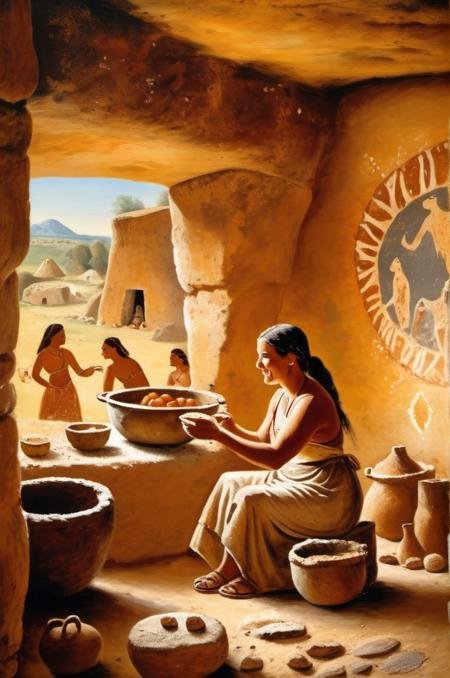 <lora:Lascaux:1> Lascaux  , prehistoric drawings,  early stone, cave paintings,, A highly detailed mother in her kitchen preparing meal, window sunny day, happy, smiling,
