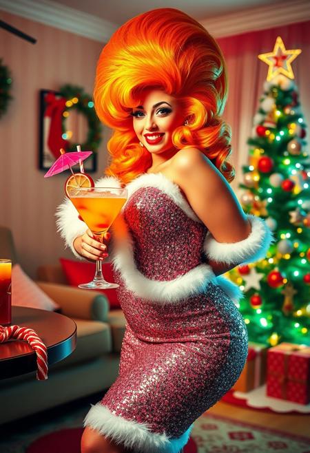 Kitsch brightly coloured photo of a curvy buxom housewife with hugely tall brightly coloured bouffant beehive hair, in a family house decorated for Christmas. Heavy brightly coloured makeup, looking at the viewer with a broad smile. She is drunk, drinking a brightly coloured layered cocktail in a glass. The martini glass has a straw and cocktail umbrella in it. She wears a sparkling glittery Christmas outfit costume with white fur trimmings, a Santa Christmas hat, stockings and high heels. Fairy lights and Christmas tree. Bright primary colours