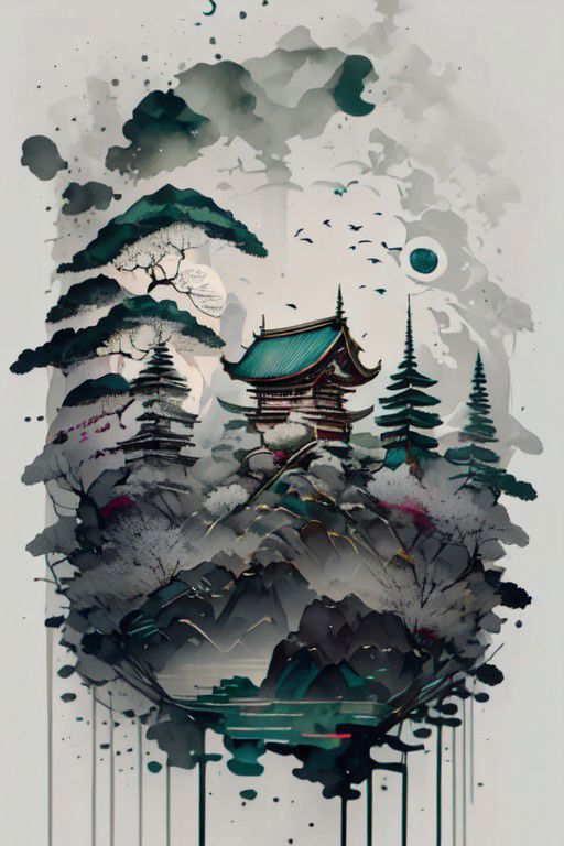 A mountainous landscape with a pagoda and trees in a painting