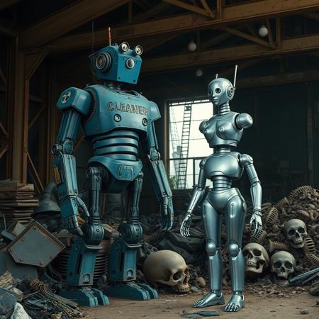 apocalyptic world, trash everywere, giant cranes, robot parts dump. black smog, crushed bones and skulls, dust, 2 ROBOTS,  INSIDE A RUSTY METAL WORKSHOP, a big OLD BLUE MUSCLE robot ROUNDED BODY BIG ARMS SHORT legs mechanical eyes broken antenna CLEANER logo visible electrical parts pieces from another robots poorly united REPAIRING A FEMALE SILVER ROBOT PERFECT BODY SMALL WAIST BIG BREAST WITH MISSING PARTS BREAKDOWN WITH ARMY LOGO,