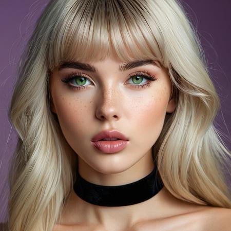 (masterpiece), (ultra-detailed portrait), (cinematic lighting), close-up headshot of a gorgeous young woman with pale tan skin, subtle warm undertone, and freckles dusted across her cheeks and nose. Her long platinum blonde hair frames her face in soft waves with thick straight bangs falling just above her large almond-shaped light green eyes. She’s staring directly at the viewer with a slow-burning, seductive gaze — lids slightly lowered, lashes heavy with mascara, black winged eyeliner sharp. Her mouth is parted slightly, revealing glossy pink lips and the edge of her tongue against her teeth. Her expression is calm, teasing, and intensely magnetic. Her defined cupid’s bow and slightly flushed cheeks add to the sultry atmosphere. She wears a black velvet choker and no top — only her collarbones and bare shoulders are visible. Background fades into a soft blur of purples and shadows with rim light outlining her hair. Flawless skin texture, editorial sensuality, intimate, glamorous, focused on face symmetry and sexual charisma.