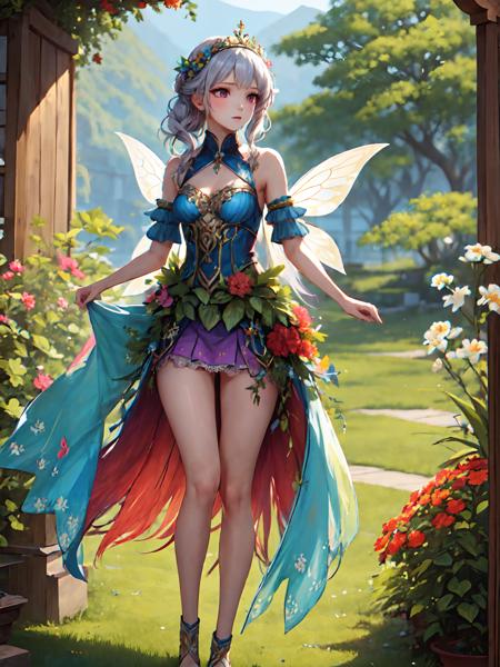 breathtaking 8k, masterpiece, (fairy dress), <lora:fairy_dress-1.0:0.8>, fairy girl, short skirt, full body, (flying), flowers, sheer, lace . award-winning, professional, highly detailed