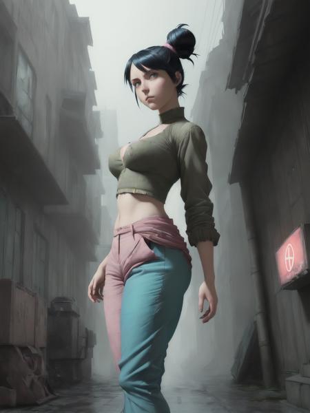 (art by Hubert Robert:1.3) , (art by Tran Nguyen:0.7) , (art by Guido Buzzelli:1.1) , digital art, (Teal theme:0.7) , curvy female 3d anime character, wearing Dried Sami fluorescent pink Trousers, looking to the side, Low bun hairstyle, Foggy conditions, equirectangular 360, Anime screencap, Sad, majestic, soft light, Selective focus, CineColor, Flickr