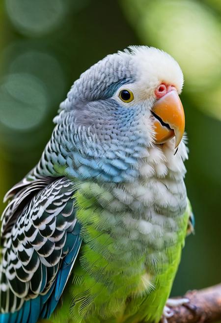 portrait, masterpiece, 4k, ray tracing, intricate details, highly detailed, hyper realistic, 8k RAW editorial photo.
an adorable parakeet , head with a tilt and a slight blink. The parakeet is feathers should be soft and fluffy, the background should be a  forest, dramatic light, shallow depth of field, high budget,