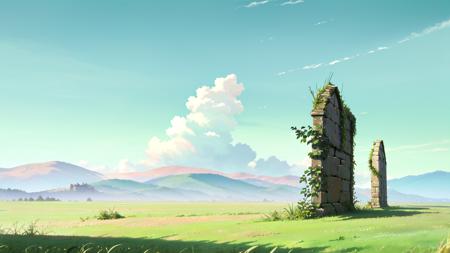 (masterpiece, best quality:1.1), no humans, grass, field, horizon, pillar, stone