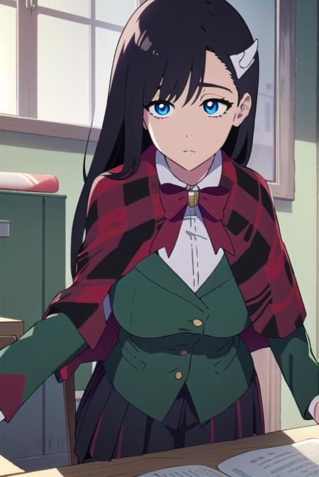 noelniihashi, <lyco:noelniihashianime-LYCORIStest:1>,
noel niihashi long hair, blue eyes, black hair, hair ornament, hairclip, (large breast:1.2),
BREAK skirt, shirt, long sleeves, bow, school uniform, jacket, white shirt, pleated skirt, collared shirt, bowtie, red bow, plaid, capelet, blazer, green skirt, green jacket,
BREAK looking at viewer,
BREAK indoors, classroom,
BREAK <lora:GoodHands-vanilla:1>, (masterpiece:1.2), best quality, high resolution, unity 8k wallpaper, (illustration:0.8), (beautiful detailed eyes:1.6), extremely detailed face, perfect lighting, extremely detailed CG, (perfect hands, perfect anatomy),