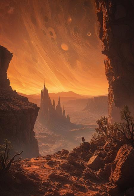 A lone astronaut stands tall at the edge of a dense alien world, framed by rugged landscape as sun sets behind him, casting warm orange glow on rustic terrain. His peaceful demeanor contrasts with the vastness of diverse trees and rocks stretching out in every direction. He gazes out at breathtaking scenery, rock cliff at his side,
masterpiece,absurdres,photorealistic,best quality