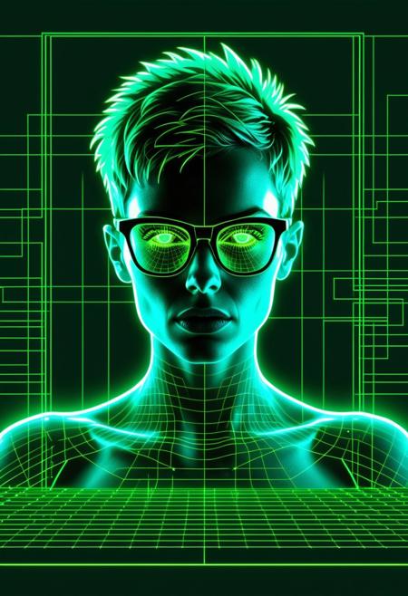 Dark, masterpiece, illustration, highly detailed, synthwave album cover, energetic, retro futuristic screen with a configurator to configure the perfect woman, pixel art wireframe woman with glowing green pixels against dark green background, woman has short pixie hairstyle and glasses, user interface with sliders and knobs