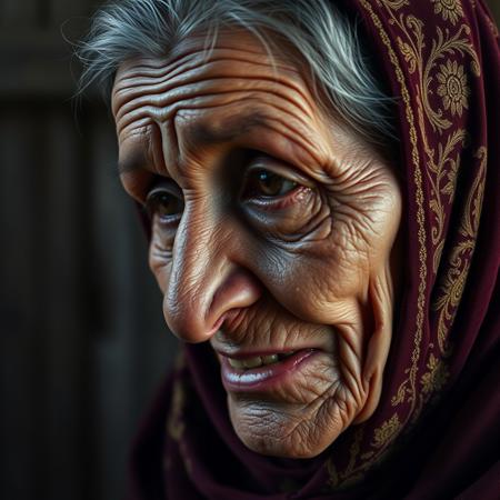 Close up shot, from the side, DSLR photo, chiaroscuro lighting dramatic lighting, realistic shading, old Arab woman, age 82, frail, gaunt thin face, hollow cheeks, loose skin, wearing a gold embroidered burgundy hijab, (head bent down:1.2), (looking up at the viewer out of the corner of one eye:1.4), crying,  proud, (tears on her cheek:1.2), eye contact, extremely detailed skin, age spots on skin, skin wrinkles, skin pores, skin mole, extremely detailed hair, grey sparse hair, vellus, intelligent eyes,  extremely detailed brown eyes, intelligent expression, a knowing look, sad, heartbroken over a loss.  Extremely realistic and detailed teeth that have yellowed with age. extremely detailed.  Detailed background, detailed cottage