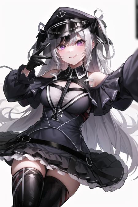 elbeazln, (masterpiece:1.3), best quality, high quality, absurdres, 1girl, solo, (selfie:1.3), peaked cap, black corset, iron cross, black dress, layered dress, black gloves, thighhighs, boots, smile, arms at sides, simple background, <lora:elbeazln_prerelease:1>