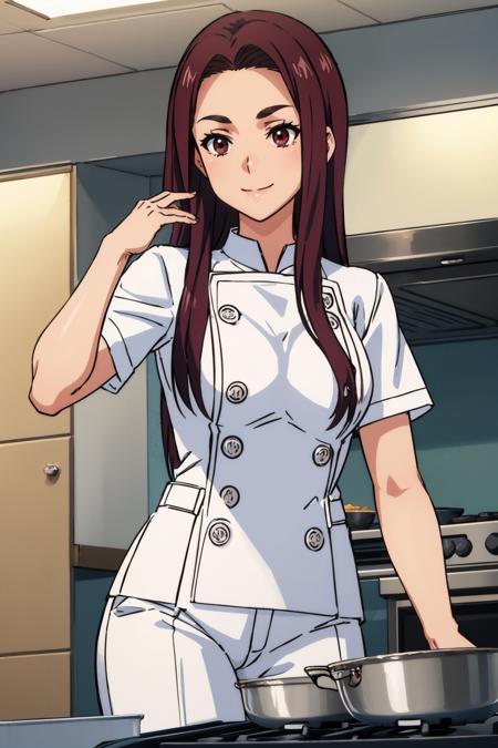 masterpiece, best quality, <lora:sakakiryouko-nvwls-v1-000008:0.9> sakaki ryouko, chef uniform, white pants, cooking, kitchen, furrowed brow, smile