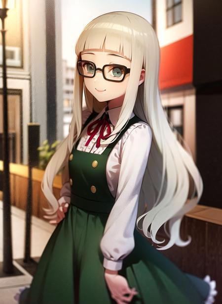 1girl,masterclass,best quality, ultra-detailed, illustration,outdoors, smile,small breasts,cowboy shot, city, pinafore dress, green dress, white shirt,frilled sleeves, red ribbon, neck ribbon, glasses, black-framed eyewear,     <lora:ToudouYurikaV3:1>