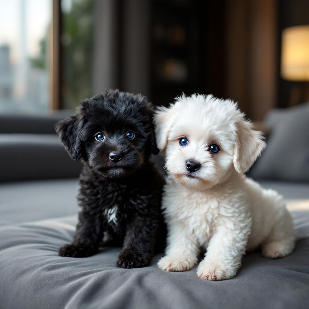 2 bichon Frise Puppies, one puppy is black, the second puppy is white, both puppies have blue eyes, ultra realistic, masterpiece, (penthouse living room:1.4), (indoors:1.4), (soft lighting:1.4, dim lighting:1.4), (night:1.4),