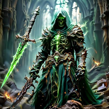 A Lich Knight, its skeletal form cloaked in ancient blackened armor and a tattered hooded cloak, eyes glowing with necrotic power. It stands amidst the shattered ruins of a desecrated cathedral, surrounded by a thick, sickly green miasma of poisonous gas. The air is choked with decay, and twisted runes glow faintly on its corroded armor. Its cracked sword pulses with dark energy, and a corrupted aura distorts the very air around it. Dark fantasy style, cinematic lighting, ominous atmosphere, extremely detailed digital painting.