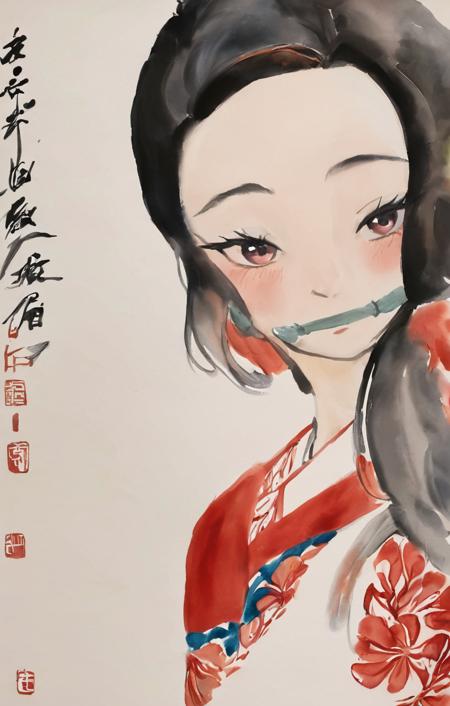 Watercolor painting of <lora:Nezuko_XL_0_-000005:1>,nezuko,1girl,<lora:baishi_xl_0_-000006:1>, baishi,, Vibrant, beautiful, painterly, detailed, textural, artistic