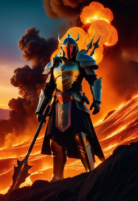 Epic cinematic brilliant stunning intricate meticulously detailed dramatic atmospheric maximalist digital matte painting. Medium shot. A fire lord stands on a burning cliff overlooking a volcanic wasteland at sunset. Medium shot. Vibrant fiery colors, glowing embers, and billowing flames. Elegant intricate armor, menacing fiery aura, and masterful strokes of light and shadow. Fiery explosion in the background with smoke and ash. Warm golden light, dramatic dynamic lighting, and soft bokeh. Masterpiece, cinematic film still, high contrast, intense atmosphere, intricate details, majestic presence, powerful composition.
