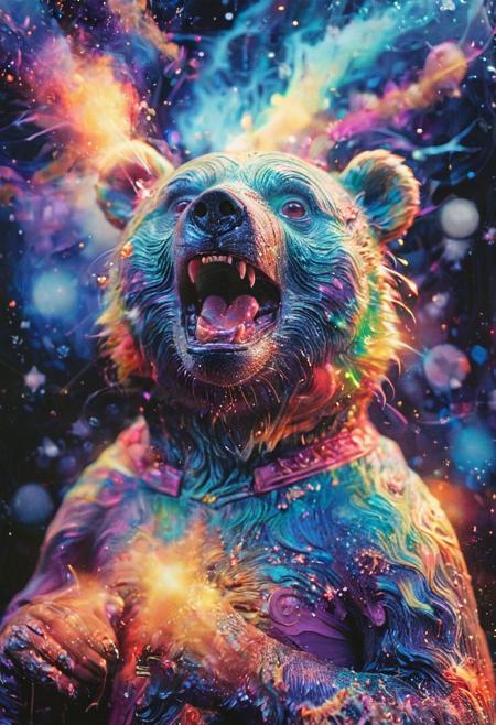 Product photograph, the 1980s, PsychadelicChaos, the universe, chaos, insane colors, the universe blowing up, insane colors, a universal bear, blue lighting, beautiful, epic, analog film grain, polaroid, DSLR