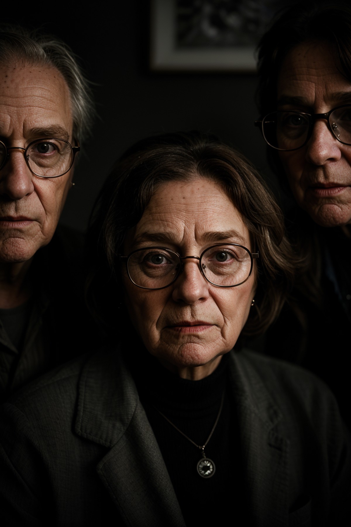 photo, portrait of old people, glasses, dimly lit, harsh camera