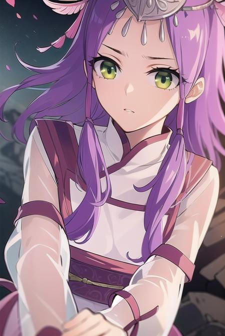 xiao yi xian, long hair, (green eyes:1.5), purple hair, long sleeves, dress, 