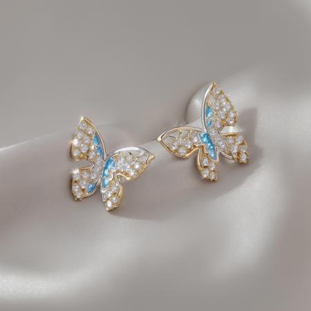 ding, diamond stud earrings, butterfly shaped stud earrings, white background, gold trim, 
,
 <lora:ershiv2:1>