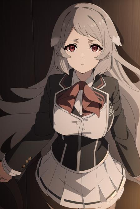 pursenaadoldia, <lyco:pursenaadoldias2-lyco-nochekaiser:1>,
pursena adoldia, long hair, (red eyes:1.5), animal ears, very long hair, grey hair,
BREAK skirt, long sleeves, pantyhose, frills, shoes, red skirt,  loafers, white pantyhose, blazer, (white blazer:1.5), corset, (black corset:1.5),
BREAK indoors, classroom,
BREAK looking at viewer, (cowboy shot:1.5),
BREAK <lyco:GoodHands-beta2:1>, (masterpiece:1.2), best quality, high resolution, unity 8k wallpaper, (illustration:0.8), (beautiful detailed eyes:1.6), extremely detailed face, perfect lighting, extremely detailed CG, (perfect hands, perfect anatomy),