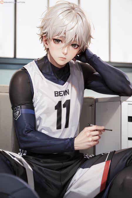 (masterpiece, best quality:1.2), <lora:bl_nagi-10:0.7>, solo, male focus, 1boy, nagi seishirou, expressionless, closed mouth, sitting, sportswear