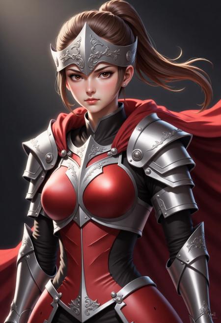 Female Commander (Silver & Red Armor), arduino, masterpiece, rotk_style, portrait, solo, upper body, female warrior, fierce gaze, ponytail, silver and red armor, crimson cape, ornate pauldrons, battlefield lighting, dramatic tone, cg_style, by kittew and themaestronoob, rotk_style, female, commander, silver_red_armor, cape, portrait, cg_style