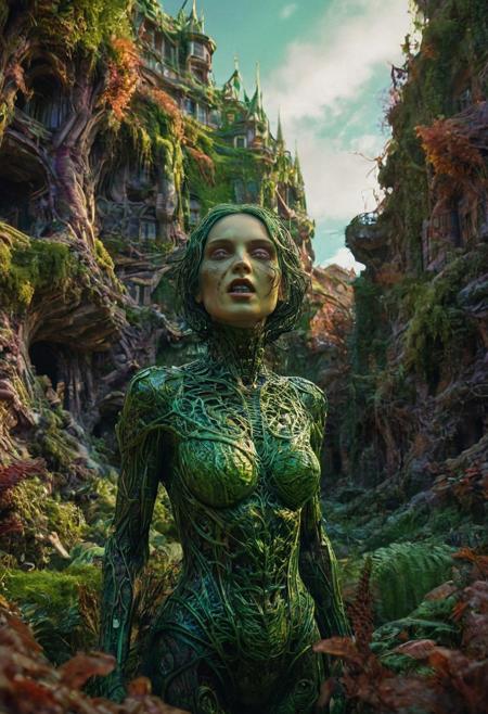 swirlysci-fi green landscape by james cameron, flat surrealism, ultra detailed, cell shaded, 8k. vampire woman with fangs, splash style of paint, pixar style, halloween colors, hyper detailed intricately professional photography, natural lighting, volumetric lighting maximalist. intricately detailed, complex, elegant, expansive, fantastical, film photography style,  medium grain