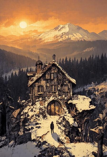 Un vieux manoir du XVIème siècle devant les Pyrénées et surplombant une immense forêt sombre et lugubre. Il fait froid, il y a de la neige. Le soleil va bientôt se coucher. Atmosphère fantastique et magique. Le manoir possède une porte cochère et deux petite tours d'angle. Il est vieux et un peu abîmé par-ci par là. On vois un homme au loin à côté d'une calèche du XIXème siècle. La forêt cache peut être un monstre ?