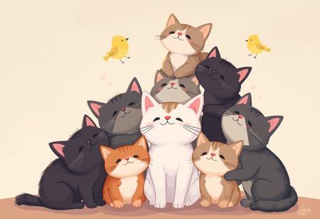 healing Seven cats, stacked on top of each other, looking up, little birds, childish and warm, Style cartoon, illustration, cute, healing