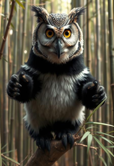 A wide angle shot of a hybrid creature with the body of a big (panda:2) bear and the head of an (owl:1), perched in a bamboo forest, frontview, the creature has the panda's distinctive black and white fur and the owl's large, expressive eyes, ultra detailed, high resolution, photorealistic, cinematic, and 4k, high quality, masterpiece