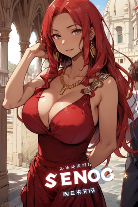 AuraCapua, 1girl, solo, long hair, large breasts, cleavage, jewelry, red hair, necklace