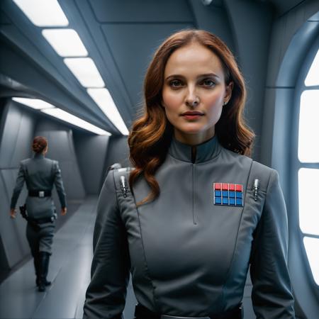 professional portrait photograph of a woman, Natalie Portman with (long red hair), (wearing an Imperial officer (gray) uniform, <lora:Imperial Officer:0.7>), (in a futuristic spaceship corridor:1.2), summer <lora:DetailedEyes_V3:0.8> (pores:0.5) (freckles:0.2) (bokeh:0.3)