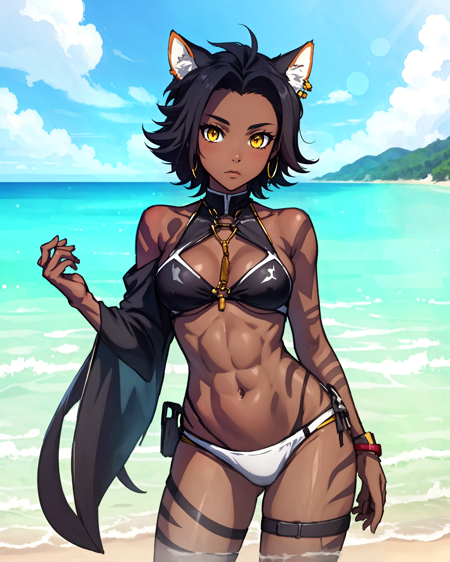 SiennaKhan short hair, black hair, animal ears, yellow eyes,cat ears, dark skin, dark-skinned female gloves, jewelry, earrings, cape, facial mark, cleavage cutout, hoop earrings