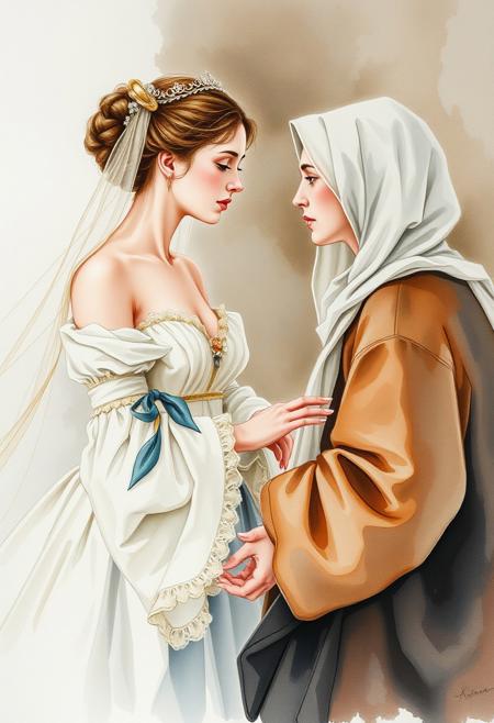 Delicate watercolor painting of a whispered conversation between Madame X and an artist. Classical Baroque style with religious themes, soft color palette, chiaroscuro, delicate figures, flowing drapery, serene expressions, balanced symmetry, intricate details. Translucent washes, fluid brushstrokes, and subtle illumination create a gentle, soft light.