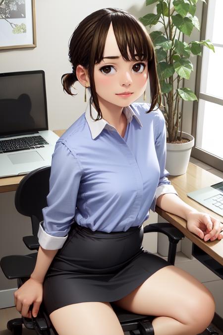 douki-chan short ponytail office lady blue shirt high-waist skirt pencil skirt pantyhose jewelry earrings