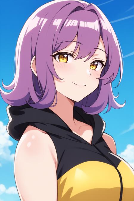 masterpiece, best quality, 1girl, anime screencap, 
medium hair, purple hair, yellow eyes, hoodie, large breasts, smile,
portrait, blue sky,