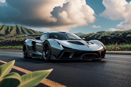 Test Drive Unlimited style, sports car on the road in jungle, Hawaii, (RAW photo, best quality), (realistic, photo-realistic:1.2), outdoor, at the parking lot  <lora:zeekars:0.65>, sunset, cloudy, rainy, palms, flowers, smoke, fire