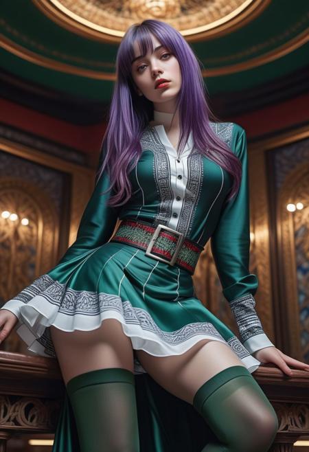 1 girl, beautiful face, seductive expression, long purple hair, flowing, bangs, blue pupils, red face, slightly open lips, white tight hip skirt (black and green lines on both sides of the skirt), black tunic belt, black stockings (length to upper knee), white booties (wrapped to the ankles), graceful sitting posture, full body, front view, from below, detailed clothing details, dynamic angle, terminal harem, realistic, edge lighting, masterpiece 8k UHD, DSLR, high quality, high resolution, 8k, bokeh, absurd, gorgeous background, sci-fi background, futuristic background, background detail detailed, masterpiece, high quality, (masterpiece, top quality, best quality, official art, beauty and aesthetics: 1.2), (1girl: 1.3), very detailed, (fractal art: 1.1), (color: 1.1) (flowers: 1.3), most detailed, (zentangle: 1.2), (dynamic pose), (abstract background:1.3), (shiny skin)