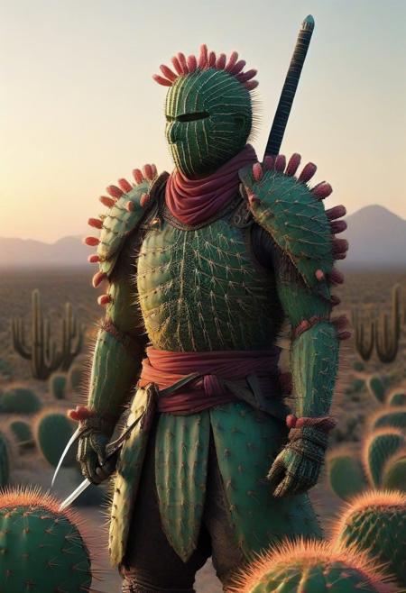 Prickly Pear Style, A lone samurai standing in the desert, wearing an armor set made of interwoven cactus spines, a thorn-covered katana glowing under the sunset, wind blowing through a field of neon succulents, ancient desert pagoda in the background, cinematic warrior aesthetic
