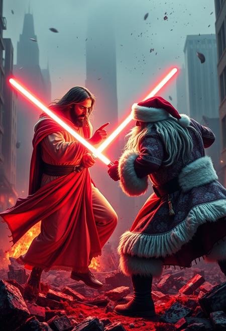 An epic movie style still of Jesus Christ and Santa Clause engaged in an epic duel to the death. The battle has waged on for hours, both fighter exhausted begin their final assault. Blood and carnage everywhere, the city lies in ruin. They both have light sabers