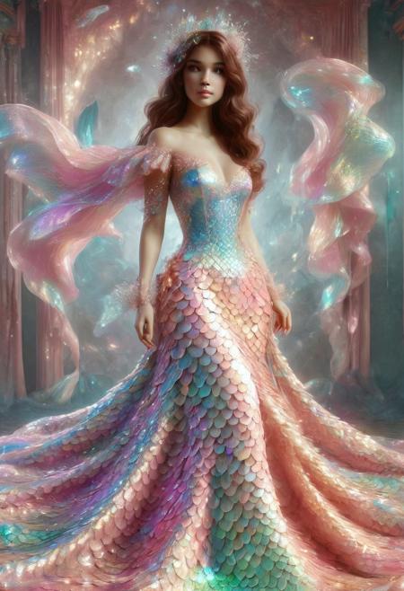 ((photorealistic)), ((1girl)), ((small_breasts:1.6)),  score_9, score_8_up, score_7_up, score_6_up, score_5_up, ((25 years old)), detail face, long wavy hair, pink hair, pink wavy hair, wavy hair, wet hair, long hair, absent minded, perfect eyes, detailed skin, detailed decoration, warrior princess, arrogant, aloof, boots made out of iridescent scales, ball gown, ball gown made out of iridescent scales, p1nk1r1sc4l3s, dance hall, dancing