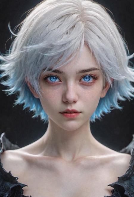 (masterpiece), 
1girl,
evil, demonic, 
white hair, blue eyes, floating hair, short hair,
upper body shot, 
HDR, highly detailed, 32k, 
(proud) mood, 
perfect face feature,