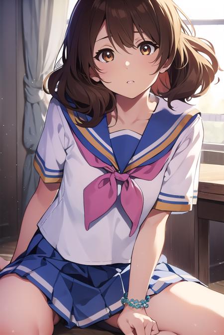 kumikooumae, <lora:kumikooumaetest:1>, 
kumiko oumae, (brown eyes:1.5), brown hair, short hair, wavy hair, (flat chest:1.2),
BREAK blue skirt, bracelet, kitauji high school uniform, neckerchief, pink neckerchief, pleated skirt, school uniform, serafuku, shirt, short sleeves, skirt, white shirt,
BREAK looking at viewer,
BREAK indoors, classroom,
BREAK <lora:GoodHands-vanilla:1>, (masterpiece:1.2), best quality, high resolution, unity 8k wallpaper, (illustration:0.8), (beautiful detailed eyes:1.6), extremely detailed face, perfect lighting, extremely detailed CG, (perfect hands, perfect anatomy),