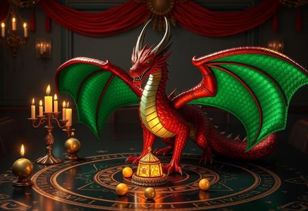 Create a highly detailed, 8K, cinematic image of a scarlet emerald dragon on a table, inspired by Ken Sugimori and Edward P. Beard's Dungeons and Dragon style, with golden orbs and a criminal mugshot aesthetic, as if taken from an Ebay listing thumbnail. The dragon should be standing triumphantly and proudly in a Dark Dragon Ritual summoning circle, with a 1:1:1:1 ratio, golden ratio, and hyper-realistic details reminiscent of Alphonse Mucha's and Artgerm's art styles. Incorporate luxurious, ornate, and dramatic elements with top lighting, HDR, and an Unreal Engine 5 render.